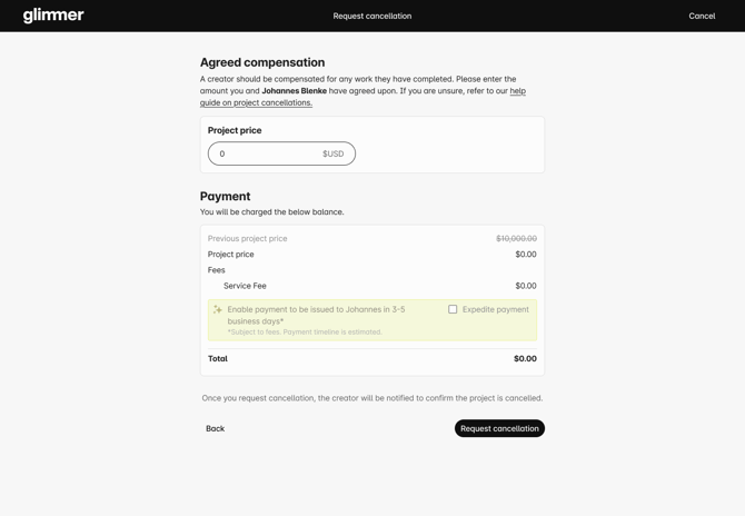 Cancellation - Step 3 - Payment - filled $0