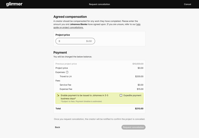 Cancellation - Step 3 - Payment - has expenses - filled $0